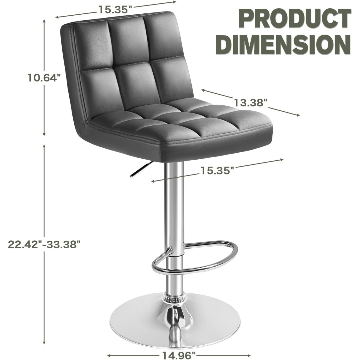 Bar Stool Set of Two with 360 Swivel and Adjustable Height for Kitchen | Grey Faux Leather - Single grey bar stool against a white background. Seat dimensions: 15.35" L x 13.38" W. Overall height from seat to floor: 22.42 - 33.38". Seat Back Height: 10.64". Base Width: 14.96".