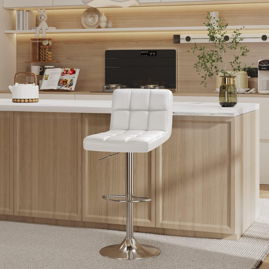 Bar Stool Set of Two with 360 Swivel and Adjustable Height for Kitchen | White Faux Leather from AHF Depot - Single white bar stool placed in a modern setting with light-colored decor, standing in front of a counter.