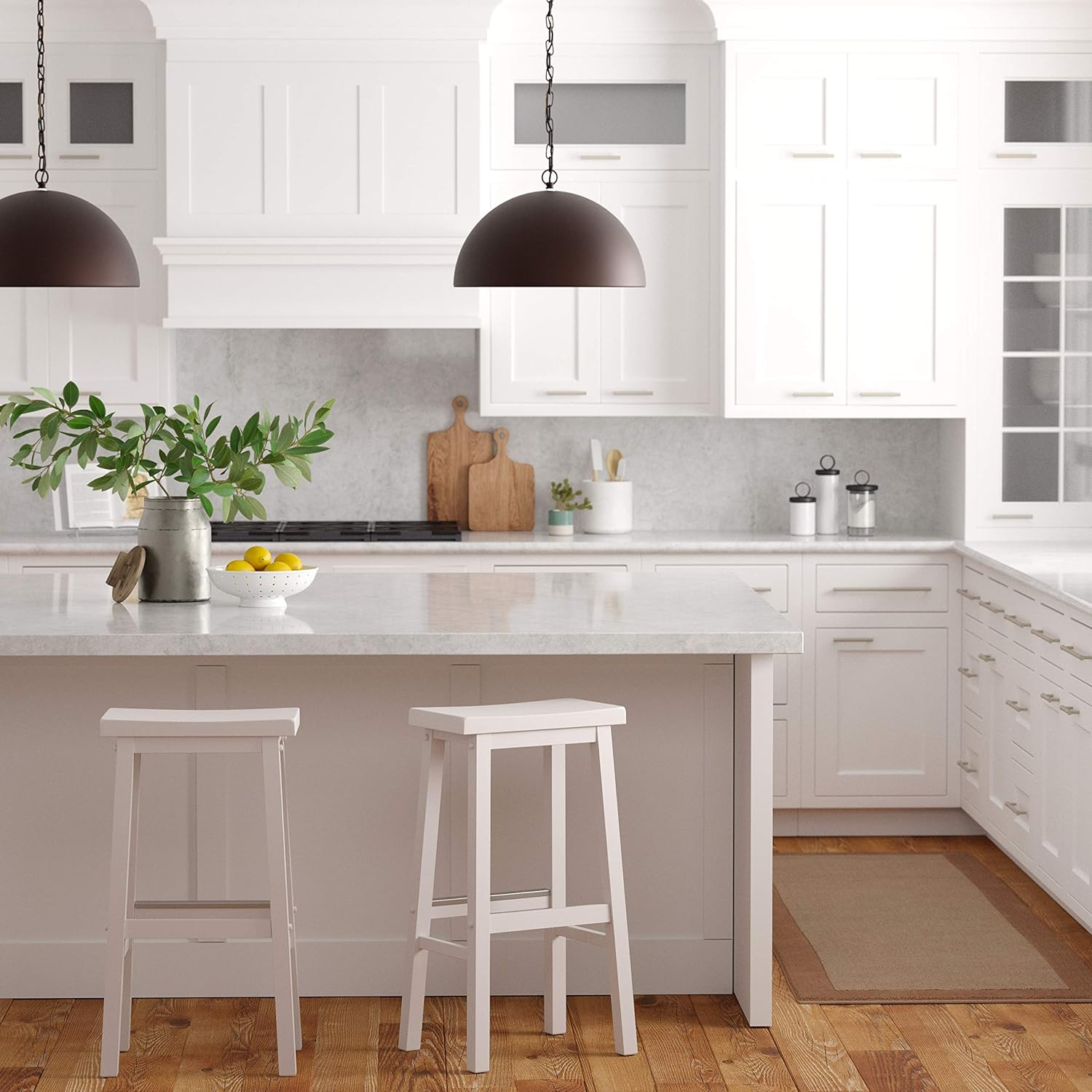 Bar Stool Set of Two Counter Height for Kitchen | White from AHF Depot - Two stylish white bar stools placed in a modern kitchen setting, positioned next to a countertop.