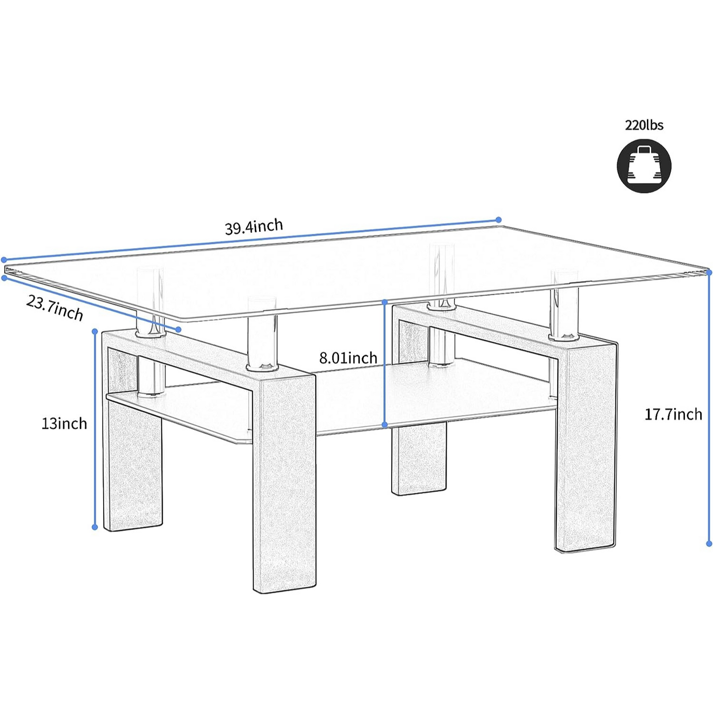 Coffee Table with Stained Glass Top for Living Room | Black from AHF Depot - blueprint image for sleek black metal-framed coffee table with a stained glass top. Table dimensions: 39.5" L x 23.7" W x 17.7" H. Supports up to 220lbs.