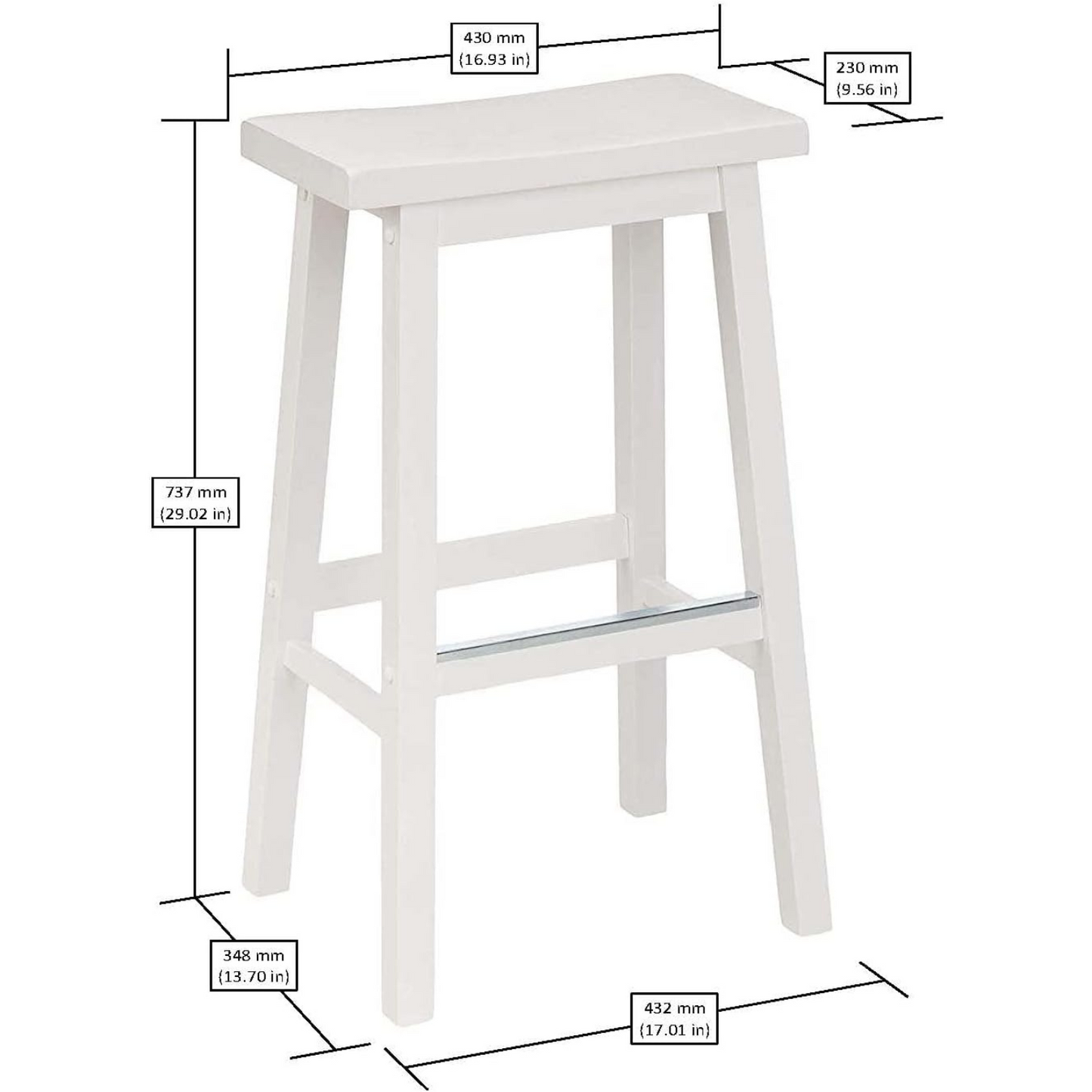 Bar Stool Set of Two Counter Height for Kitchen | White from AHF Depot - Single white bar stool against a white background. Seat dimensions: 16.93" L x 9.56" W. Overall height from seat to floor: 29.02". Overall dimensions: 17.01" L x 13.7" W."