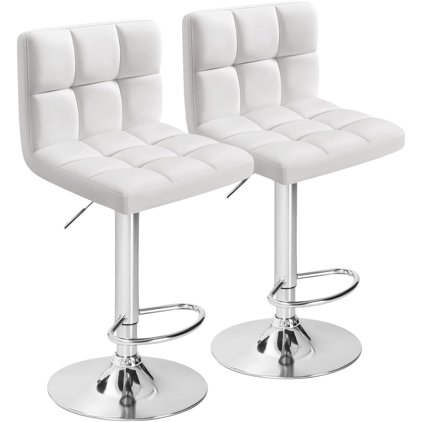 Bar Stool Set of Two with 360 Swivel and Adjustable Height for Kitchen | White Faux Leather from AHF Depot - Pair of padded white bar stools displayed side by side against a clean white background.