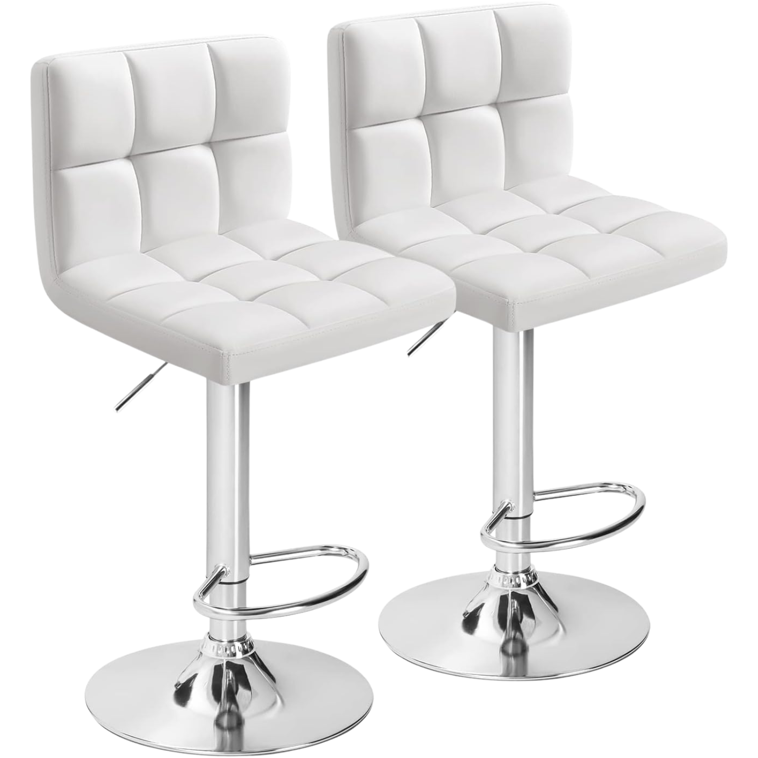 Bar Stool Set of Two with 360 Swivel and Adjustable Height for Kitchen | White Faux Leather from AHF Depot - Pair of padded white bar stools displayed side by side against a clean white background.