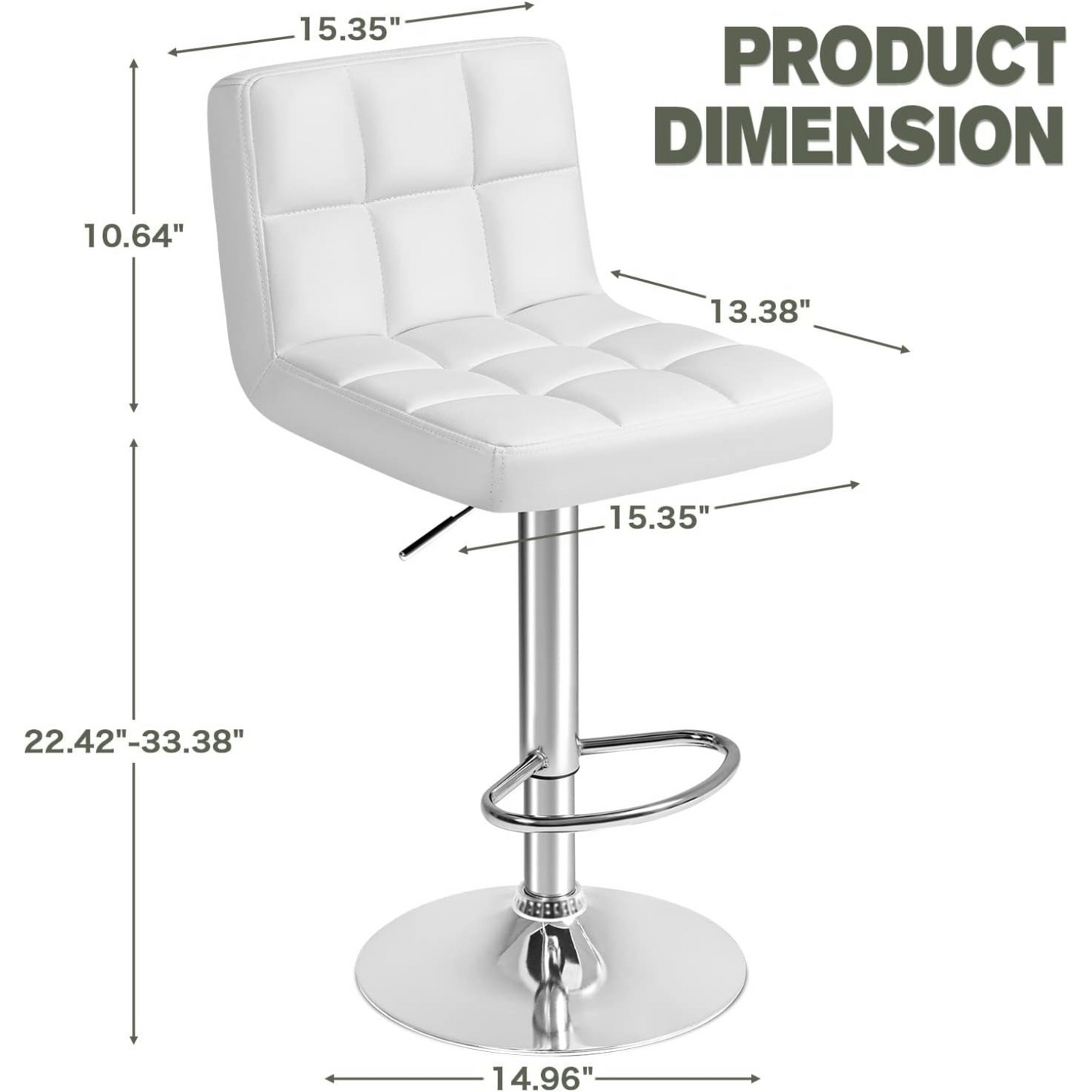 Bar Stool Set of Two with 360 Swivel and Adjustable Height for Kitchen | White Faux Leather - Single white bar stool against a white background. Seat dimensions: 15.35" L x 13.38" W. Overall height from seat to floor: 22.42 - 33.38". Seat Back Height: 10.64". Base Width: 14.96".