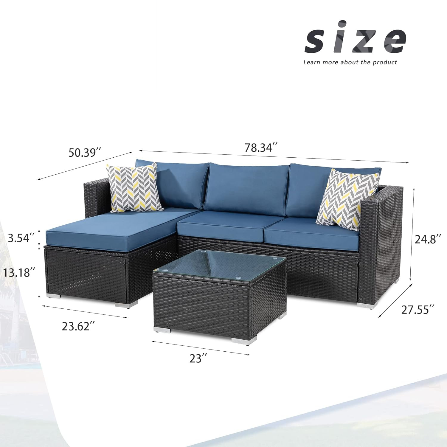 Outdoor Patio Sofa Set with Table | Black/Blue from AHF Depot - Black sectional couch with dark blue cushions set against a white background. Table Dimensions: 23" L x 23" W x 13.18" H. Sofa Dimensions: 78.34" L x 27.55" W x 24.8" H.