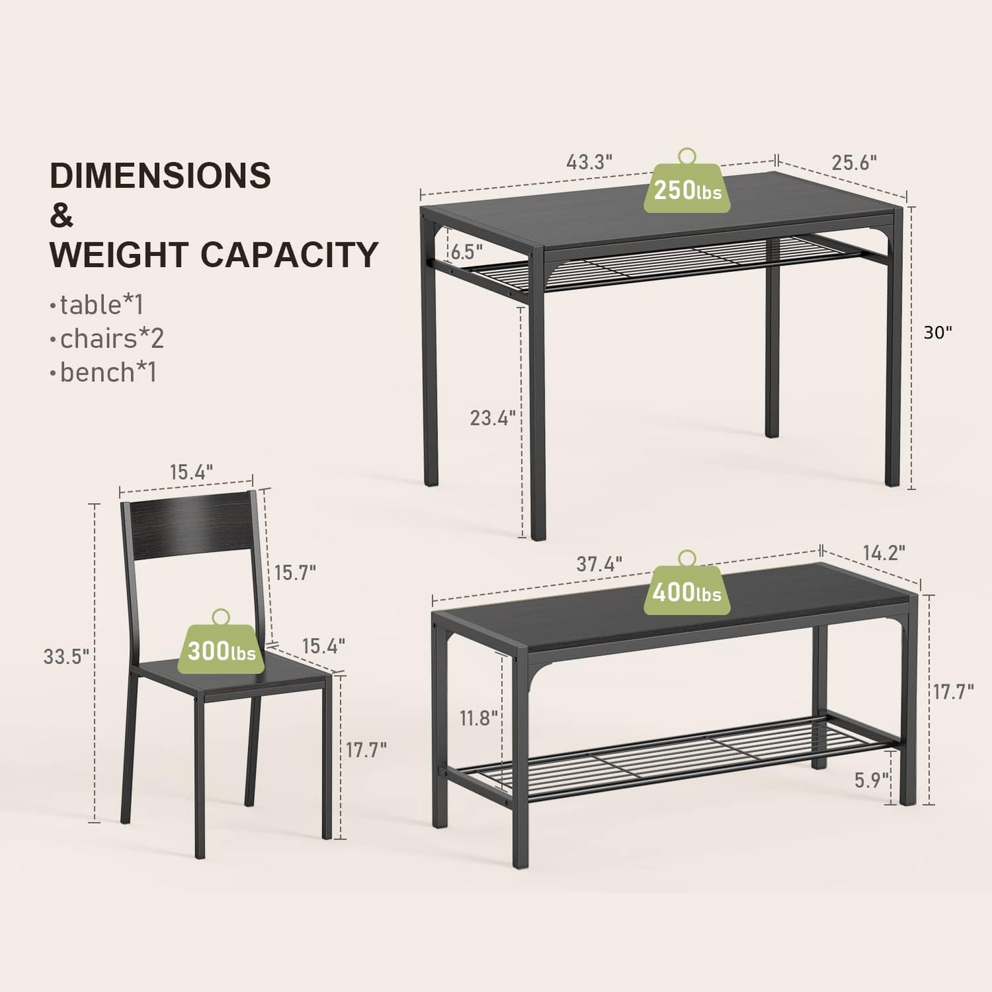 Dining Set Includes Table, Chairs, and Bench for Kitchen | Black from AHF Depot - Modern black dining table, one chair, and the bench against a white background. Table Dimensions: 43.3" L x 25.6" W x 30" H. Chair Dimensions: 15.4" L x 15.4" W x 33.5" H. Bench Dimensions: 37.4" L x 14.2" W x 17.7" H.