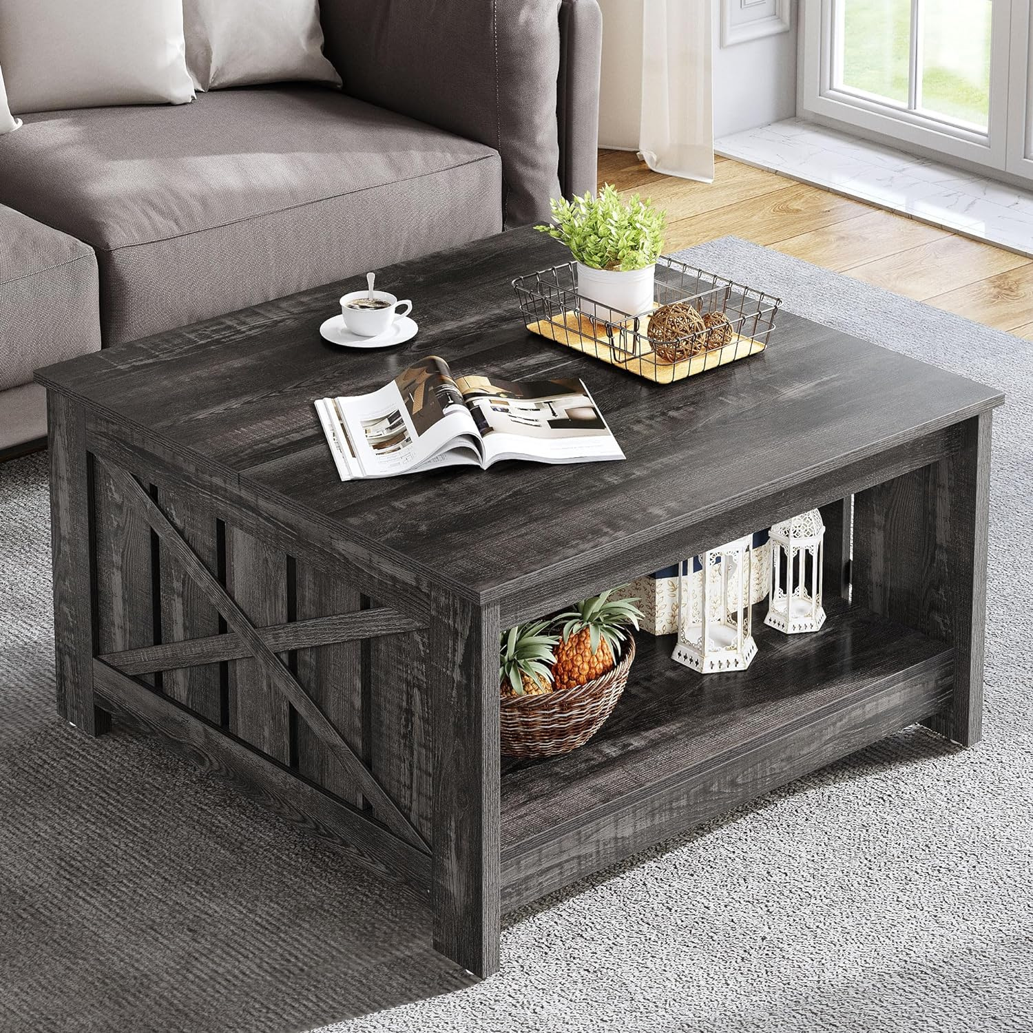 Coffee Table with Bottom Storage for Living Room | Black Wood from AHF Depot - top view of black wood finish farmhouse-style coffee table featuring barn-inspired X side supports and spacious bottom storage, adding rustic charm to a modern living space.