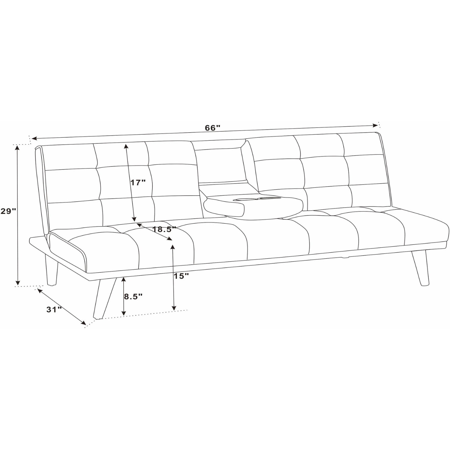 Couch Bed Futon Sleeper Sofa for Living Room | Blue from AHF Depot - blueprint image for modern black fabric futon with center cupholders displayed against a clean white background showcasing product dimensions. Couch Position Dimensions 66" L x 31" W x 29" H. Floor Clearance is 8.5".