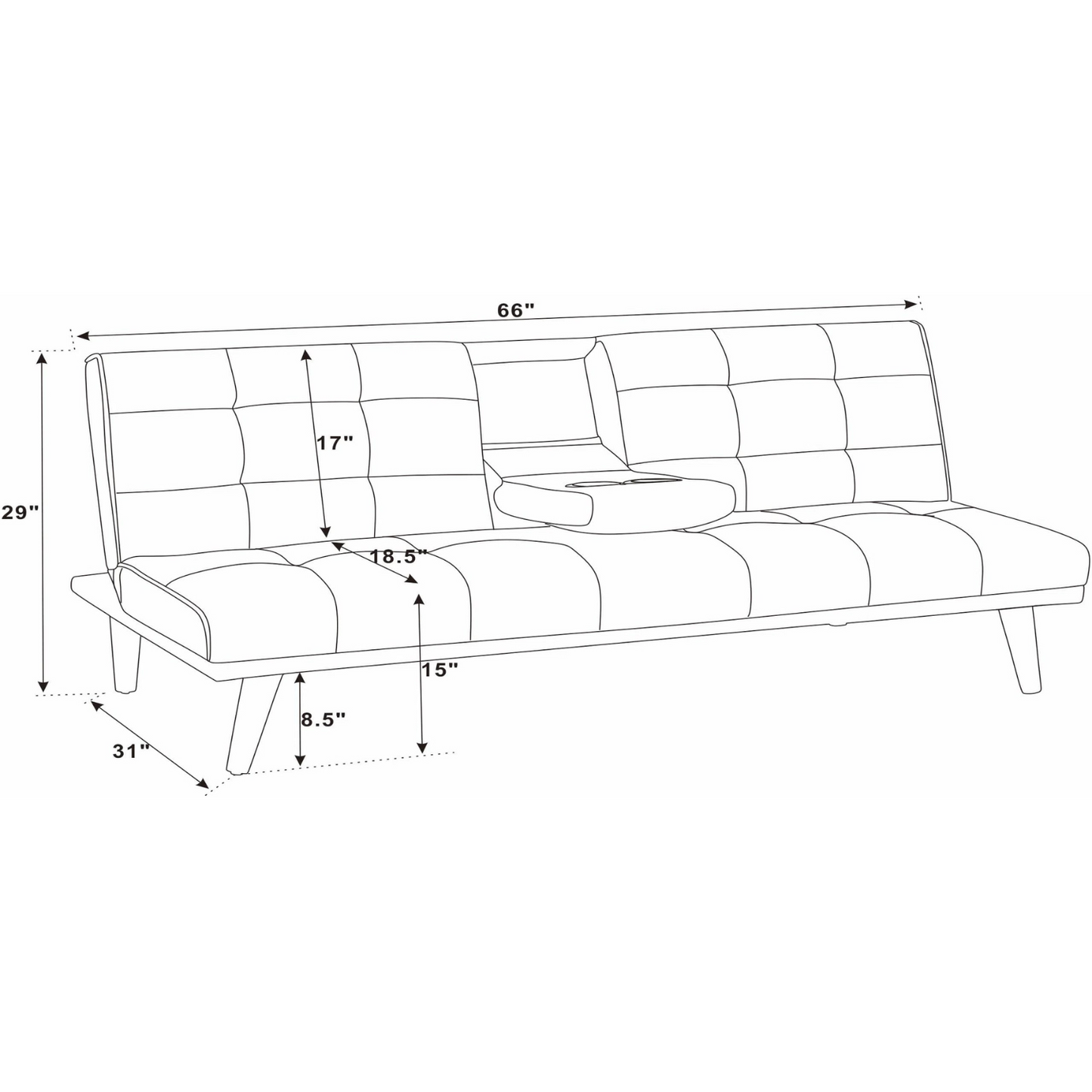 Couch Bed Futon Sleeper Sofa for Living Room | Black from AHF Depot - blueprint image for modern black fabric futon with center cupholders displayed against a clean white background showcasing product dimensions. Couch Position Dimensions 66" L x 31" W x 29" H. Floor Clearance is 8.5".