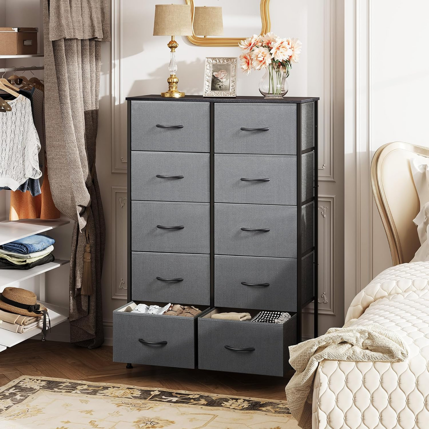 Dresser with 10 Drawers for Bedroom | Grey from AHF Depot - Grey 10 drawer dresser in a modern light tone bedroom setting. 