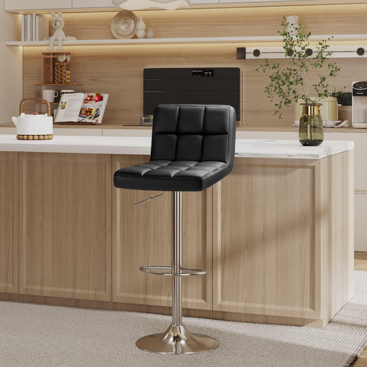 Bar Stool Set of Two with 360 Swivel and Adjustable Height for Kitchen | Black Faux Leather from AHF Depot - Single black bar stool placed in a modern setting with light-colored decor, standing in front of a counter.