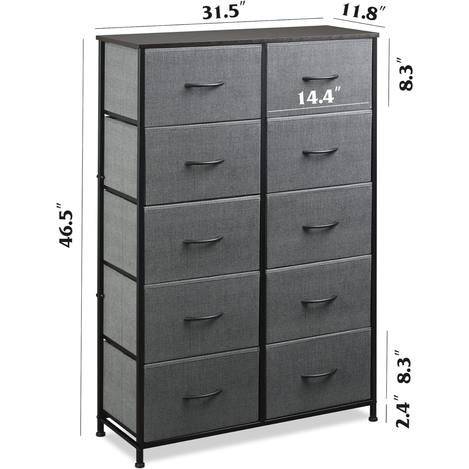 Dresser with 10 Drawers for Bedroom | Grey from AHF Depot - Grey 10 drawer dresser against a white background. Dimensions: 31.5" L x 11.8" W x 46.5" H.