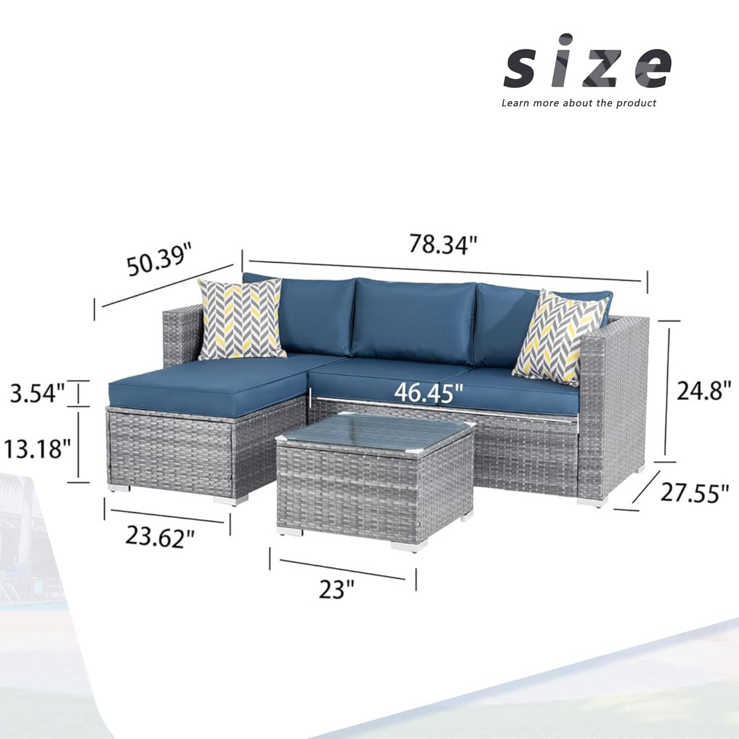 Outdoor Patio Sofa Set with Table | Grey/Blue from AHF Depot - Grey sectional couch with dark blue cushions set against a white background. Table Dimensions: 23" L x 23" W x 13.18" H. Sofa Dimensions: 78.34" L x 27.55" W x 24.8" H.