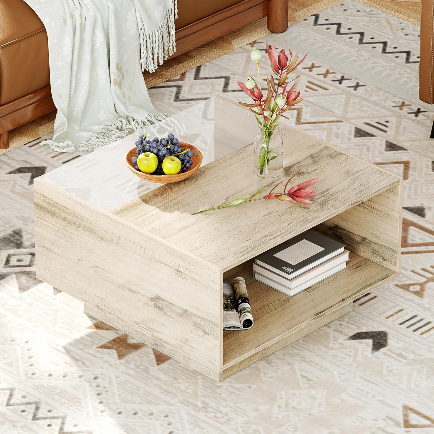 Coffee Table with LED Glass Display for Living Room | Light Wood from AHF Depot - Modern light wood coffee table image featuring the convenient storage shelving, positioned in the center of a stylish living room background.