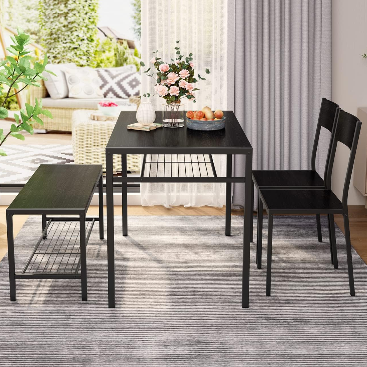 Dining Set Includes Table, Chairs, and Bench for Kitchen | Black from AHF Depot - Modern black dining table with built-in shelving, accompanied by two chairs and a bench. Indoor dining room scene with fruit and flowers on the table the table is in front of a bay window.