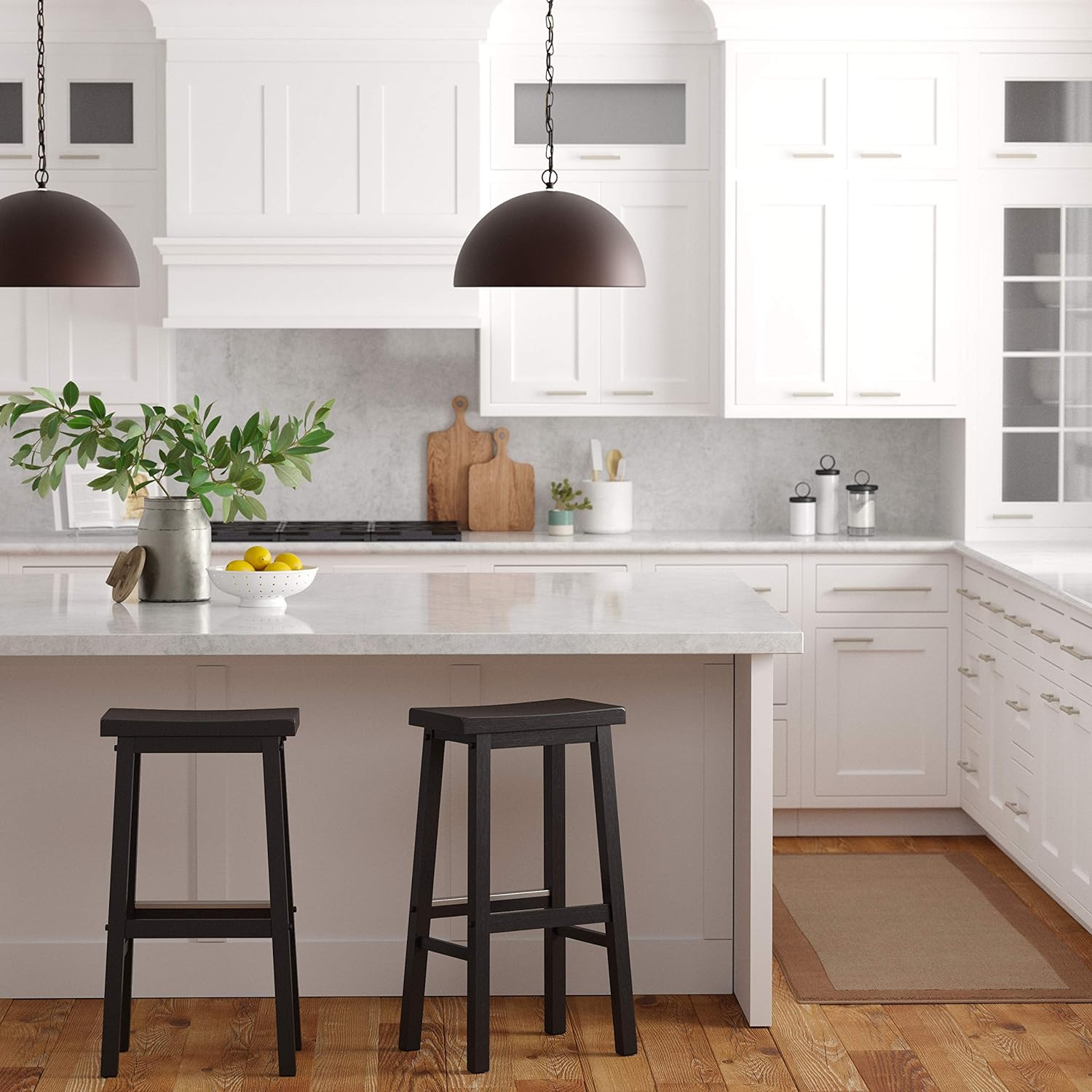 Bar Stool Set of Two Counter Height for Kitchen | Black from AHF Depot - Two stylish black bar stools placed in a modern kitchen setting, positioned next to a countertop.