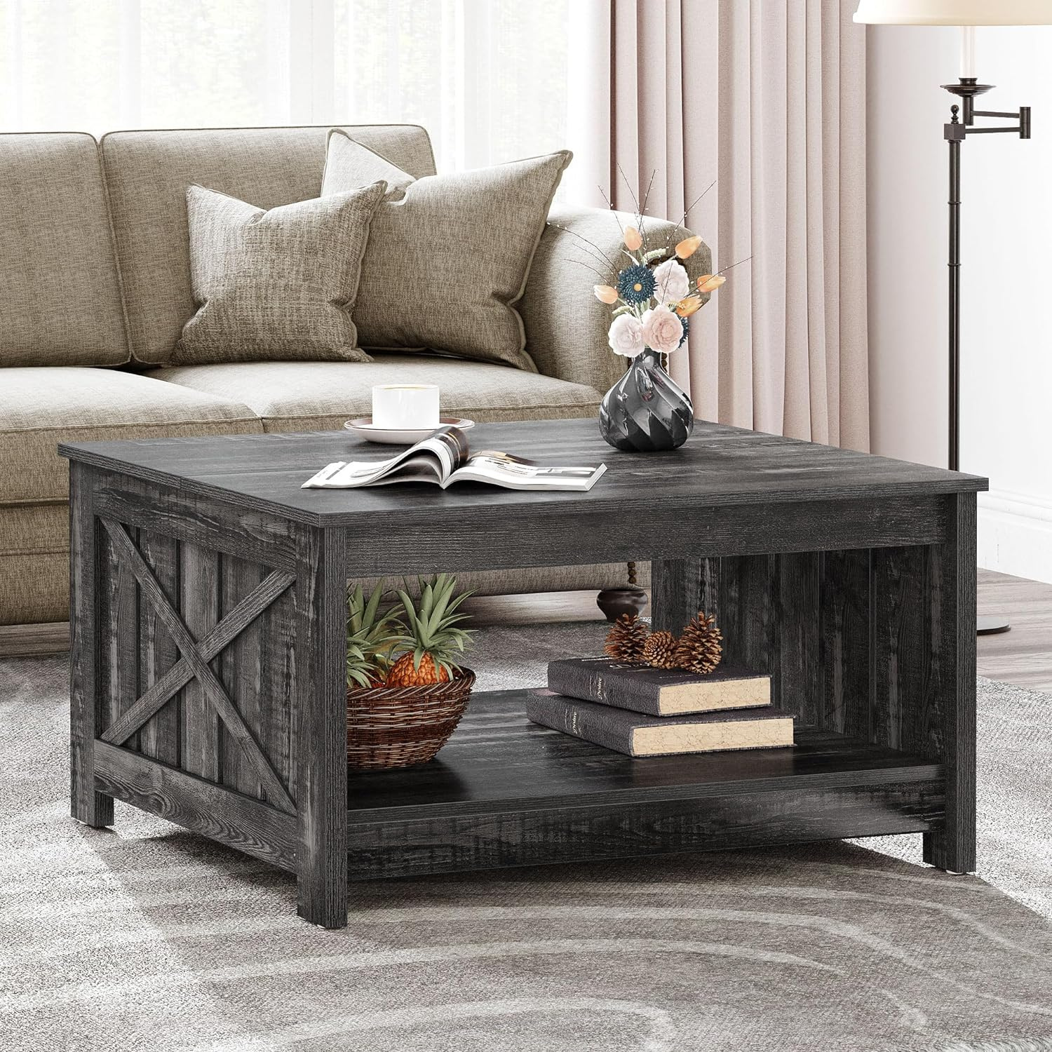 Coffee Table with Bottom Storage for Living Room | Black Wood from AHF Depot - black wood finish farmhouse-style coffee table featuring barn-inspired X side supports and spacious bottom storage, adding rustic charm to a modern living space.