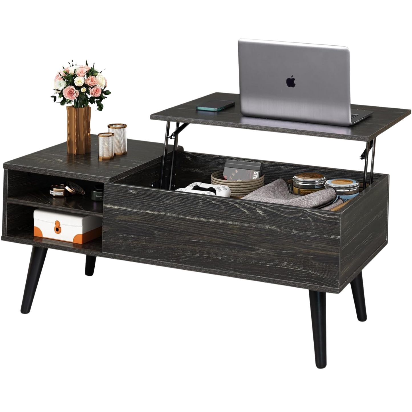 Coffee Table with Lifting Top and Hidden Storage for Living Room | Black Wood Pattern from AHF Depot - Modern living room scene featuring a black wooden coffee table with a lift top in the open position against a clean white background.