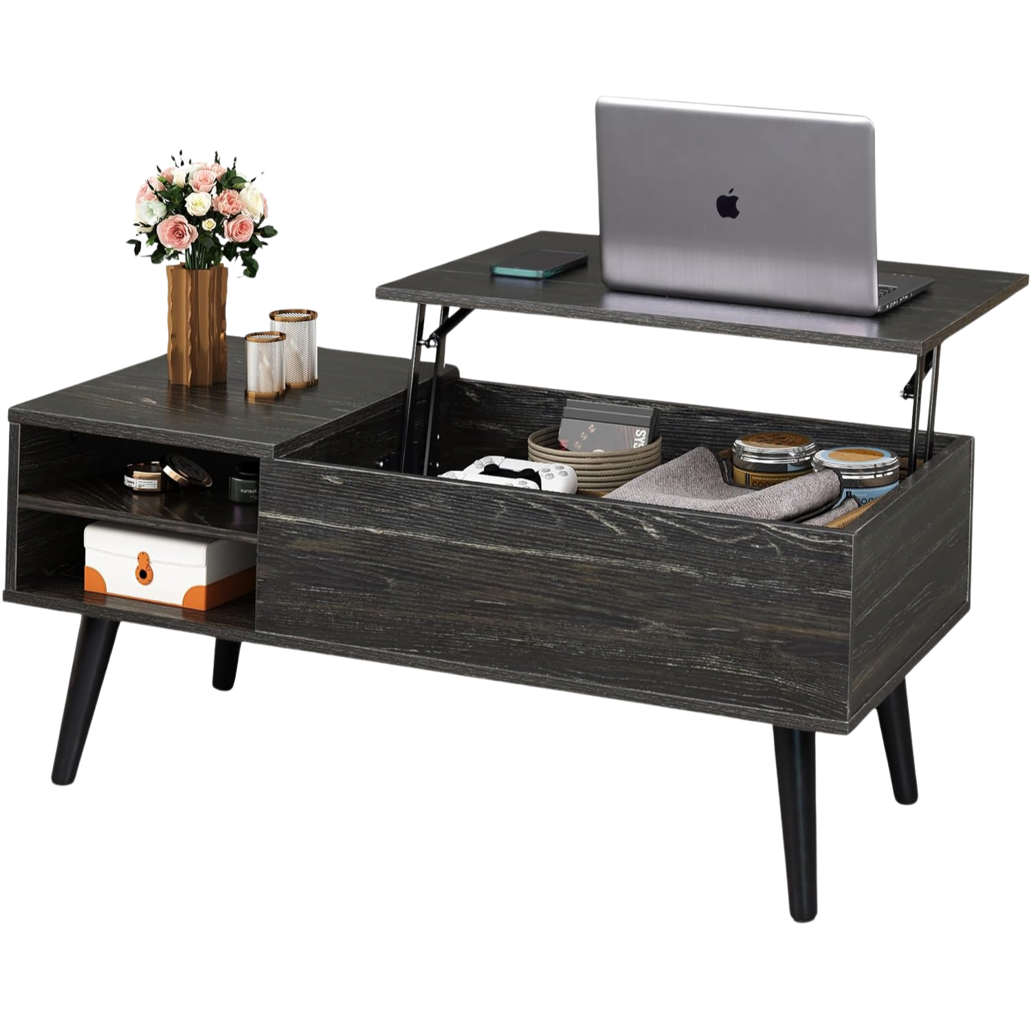 Coffee Table with Lifting Top and Hidden Storage for Living Room | Black Wood Pattern from AHF Depot - Modern living room scene featuring a black wooden coffee table with a lift top in the open position against a clean white background.