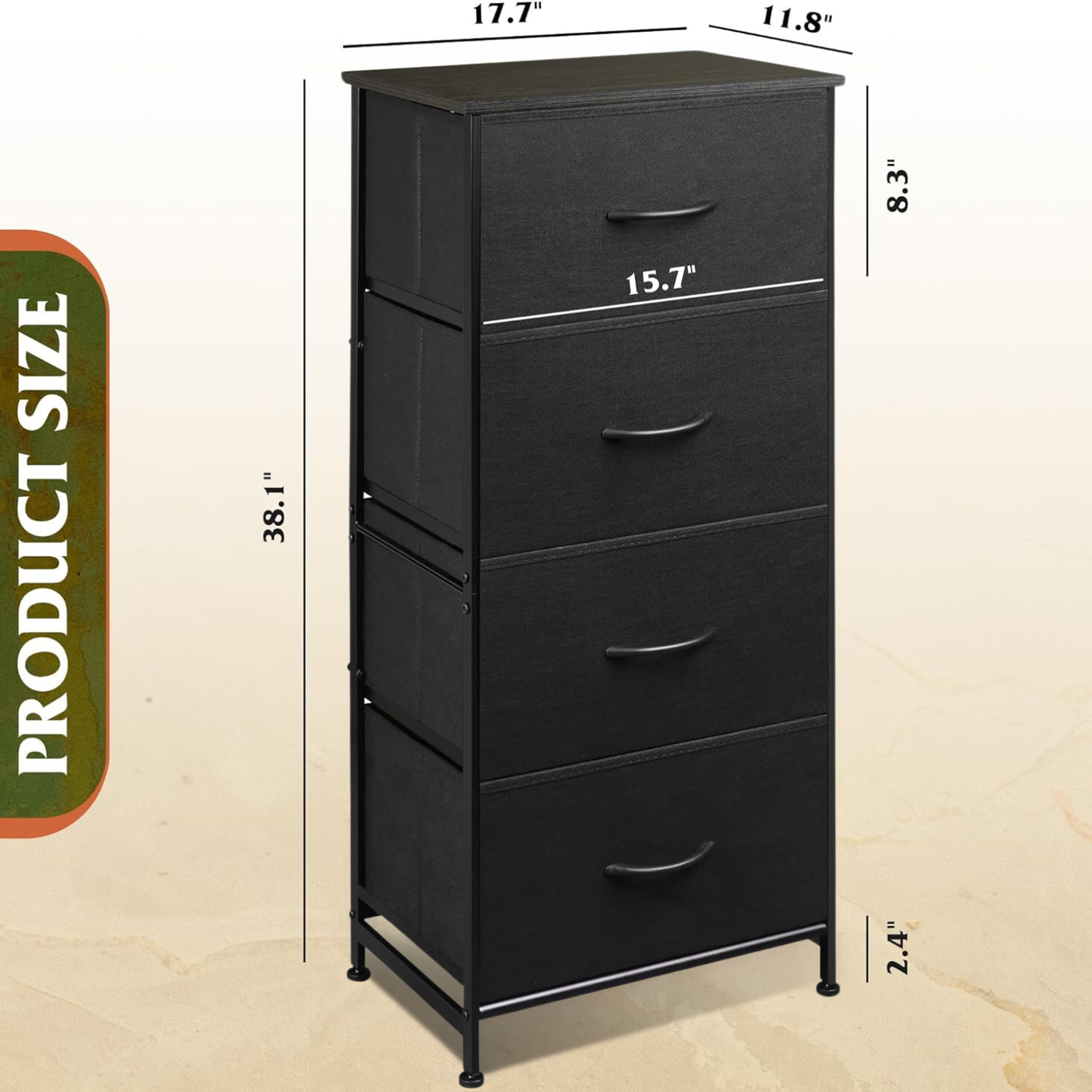 Side Table/End Table with 4 Drawers for Bedroom Storage | Black from AHF Depot - Black 4 drawer side table against a white background. Dimensions: 17.7" L x 11.8" W x 38.1" H.