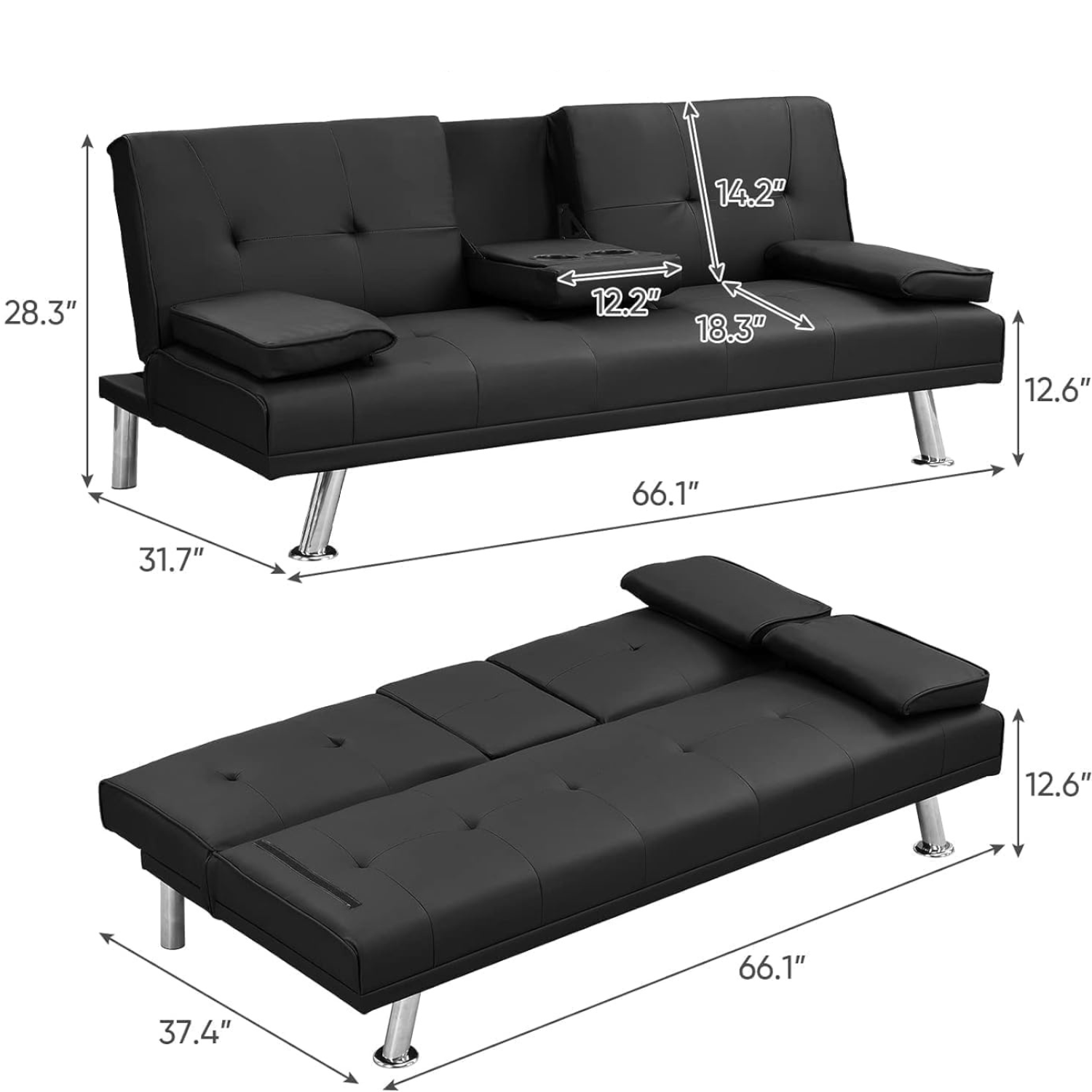 Couch Bed Futon Sleeper Sofa for Living Room | Black Faux Leather from AHF Depot - Black leather futon in the couch and bed positions against a clean white background showcasing product dimensions. Couch Position Dimensions 66.1" L x 31.7" W x 28.3" H. Bed Position Dimensions 66.1" L x 37.4" W. Floor to Seat Height is 12.6".