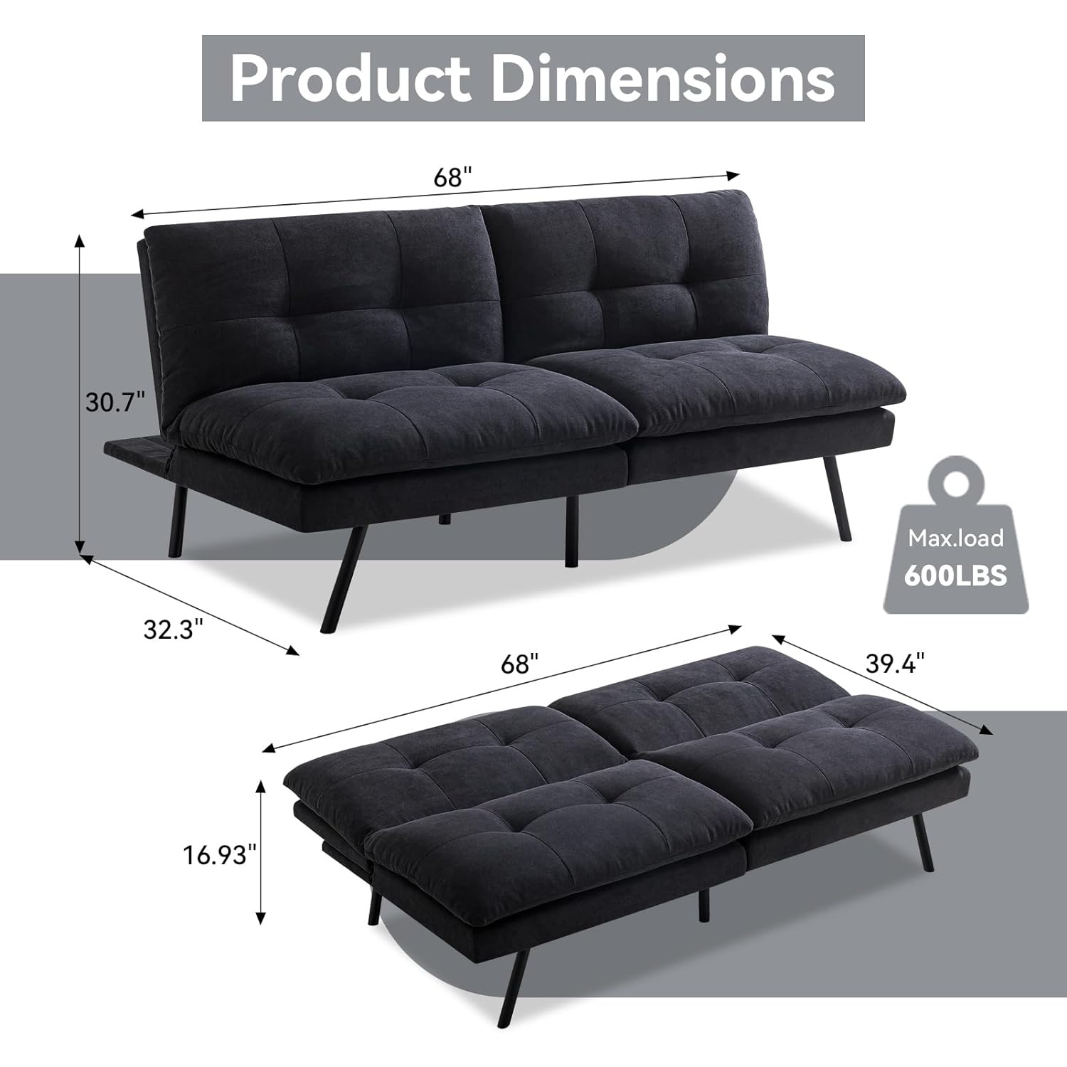 Couch Bed Futon Sleeper Sofa for Living Room | Black Memory Foam from AHF Depot - Black fabric futon with split back adjustment against a clean white background showcasing product dimensions. Couch Position Dimensions 68" L x 32.3" W x 30.7" H. Bed Position Dimensions 66.1" L x 39.4" W. Floor to Seat Height is 16.93".