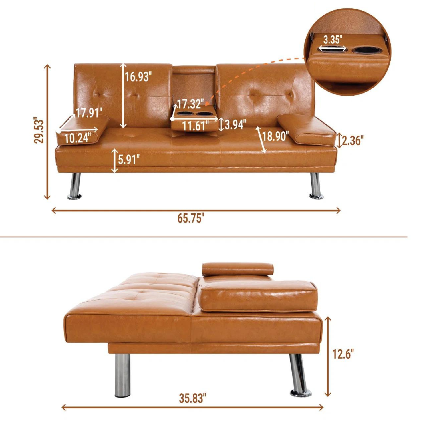 Couch Bed Futon Sleeper Sofa for Living Room | Tan Faux Leather from AHF Depot - Tan leather futon in the couch and bed positions against a clean white background showcasing product dimensions. Couch Position Dimensions 65.75" L x 35.83" W x 29.53" H. Bed Position Dimensions 65.75" L x 35.8" W. Floor to Seat Height is 12.6".