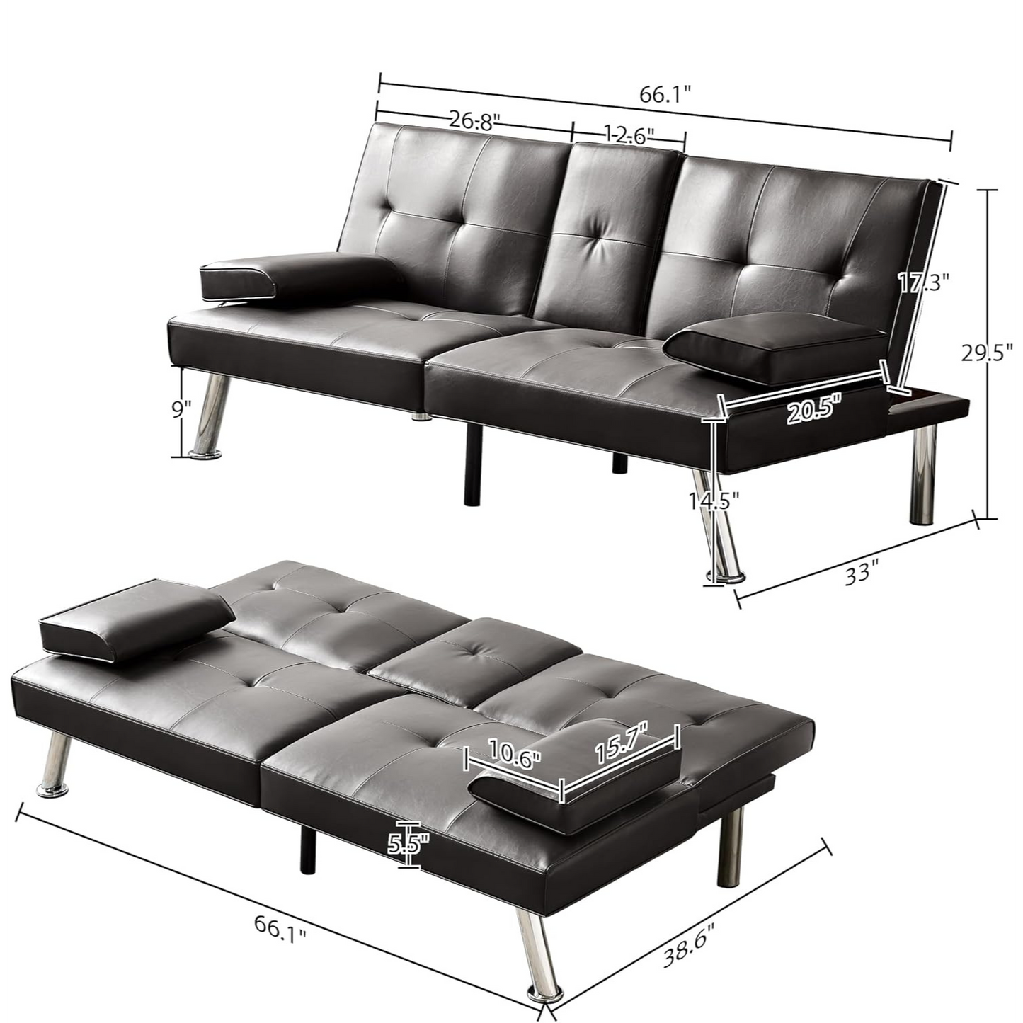 Couch Bed Futon Sleeper Sofa for Living Room | Brown Faux Leather from AHF Depot - Brown leather futon in the couch and bed positions against a clean white background showcasing product dimensions. Couch Position Dimensions 66.1" L x 33" W x 29.5" H. Bed Position Dimensions 66.1" L x 38.6" W. Floor to Seat Height is 14.5".