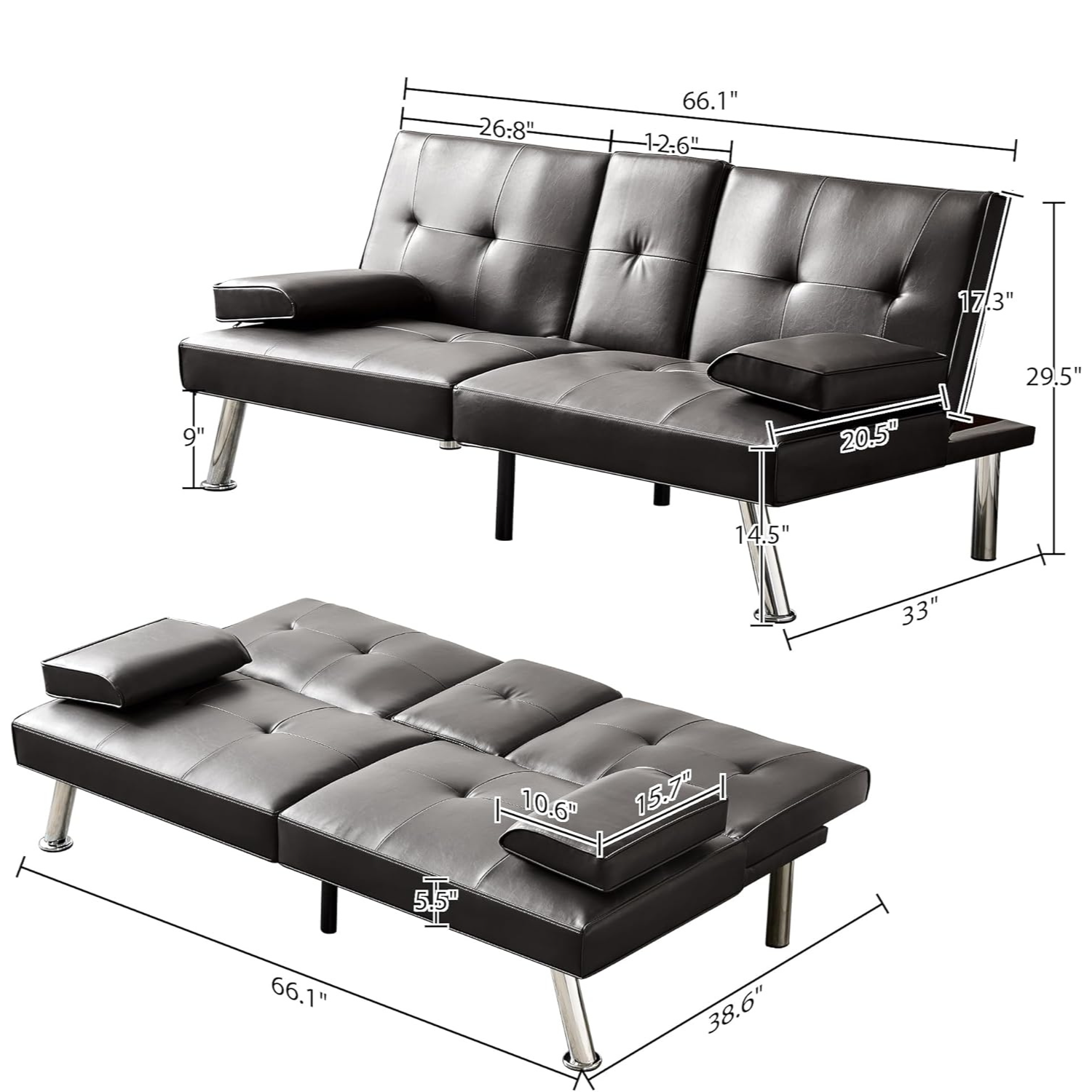 Couch Bed Futon Sleeper Sofa for Living Room | Brown Faux Leather from AHF Depot - Brown leather futon in the couch and bed positions against a clean white background showcasing product dimensions. Couch Position Dimensions 66.1" L x 33" W x 29.5" H. Bed Position Dimensions 66.1" L x 38.6" W. Floor to Seat Height is 14.5".