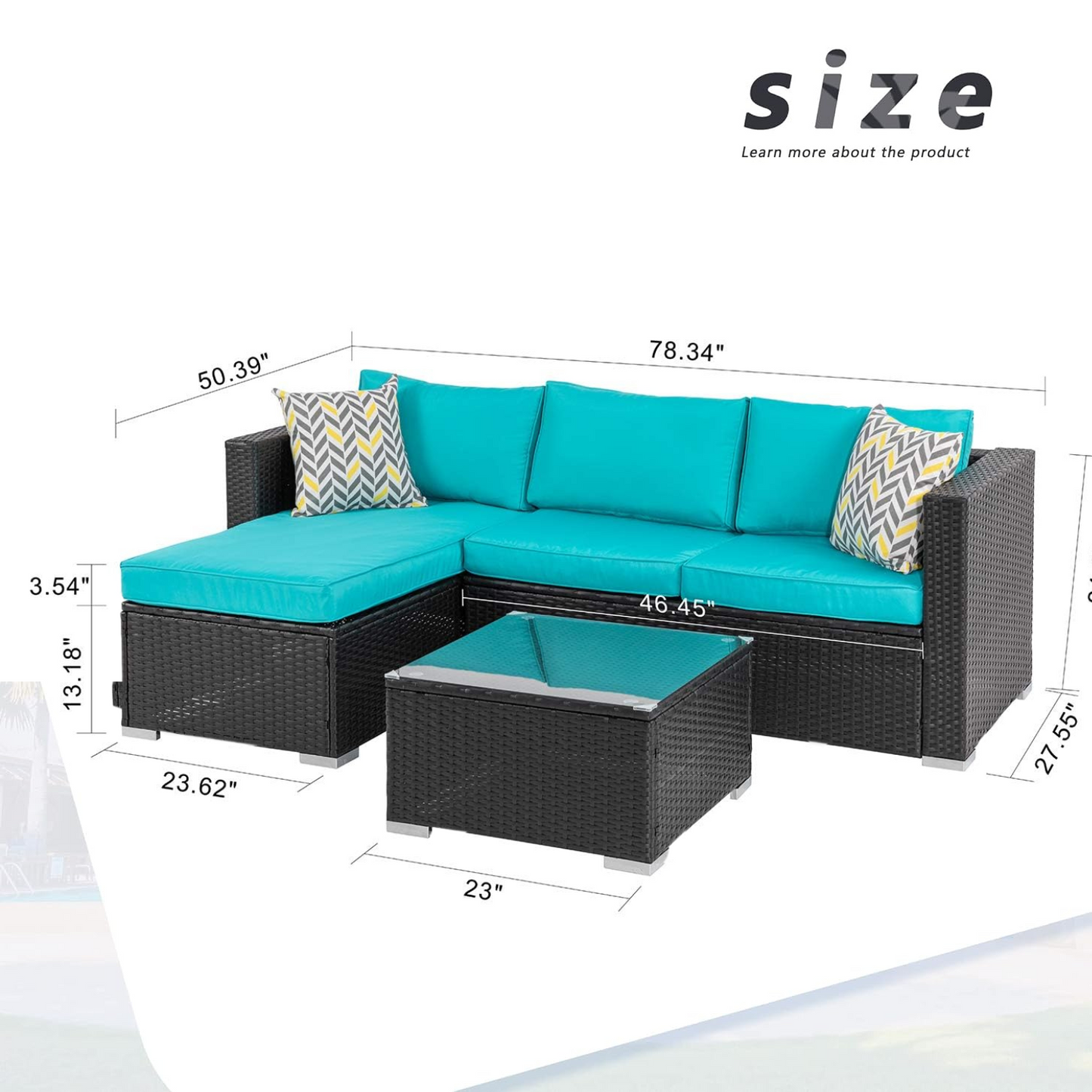 Outdoor Patio Sofa Set with Table | Black/Teal from AHF Depot - Black sectional couch with teal blue cushions set against a white background. Table Dimensions: 23" L x 23" W x 13.18" H. Sofa Dimensions: 78.34" L x 27.55" W x 24.8" H.