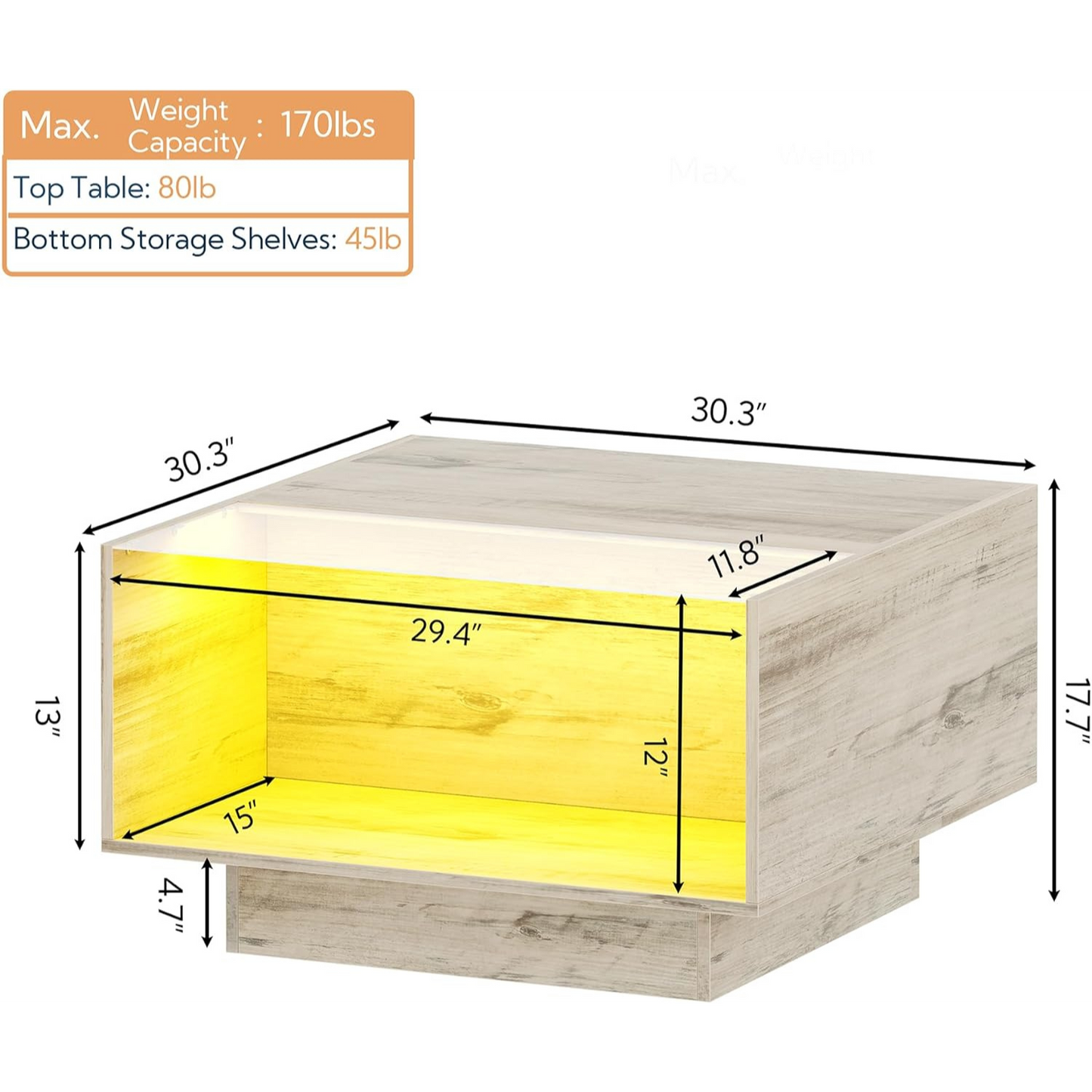 Coffee Table with LED Glass Display for Living Room | Light Wood from AHF Depot - Modern light wood coffee table featuring a sleek LED glass display against a clean white background. Table dimensions: 30.3" L x 30.3" W x 17.7" H. Supports up to 170lbs.