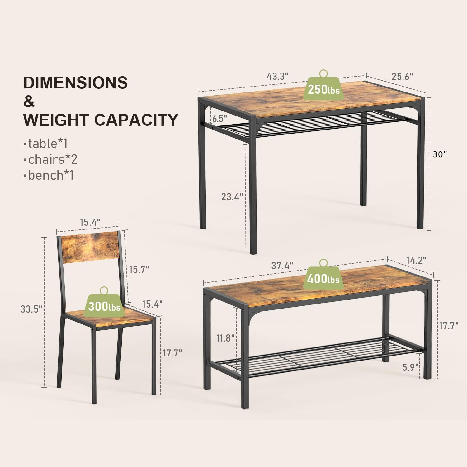 Dining Set Includes Table, Chairs, and Bench for Kitchen | Wood from AHF Depot - Modern wood dining table, one chair, and the bench against a white background. Table Dimensions: 43.3" L x 25.6" W x 30" H. Chair Dimensions: 15.4" L x 15.4" W x 33.5" H. Bench Dimensions: 37.4" L x 14.2" W x 17.7" H.