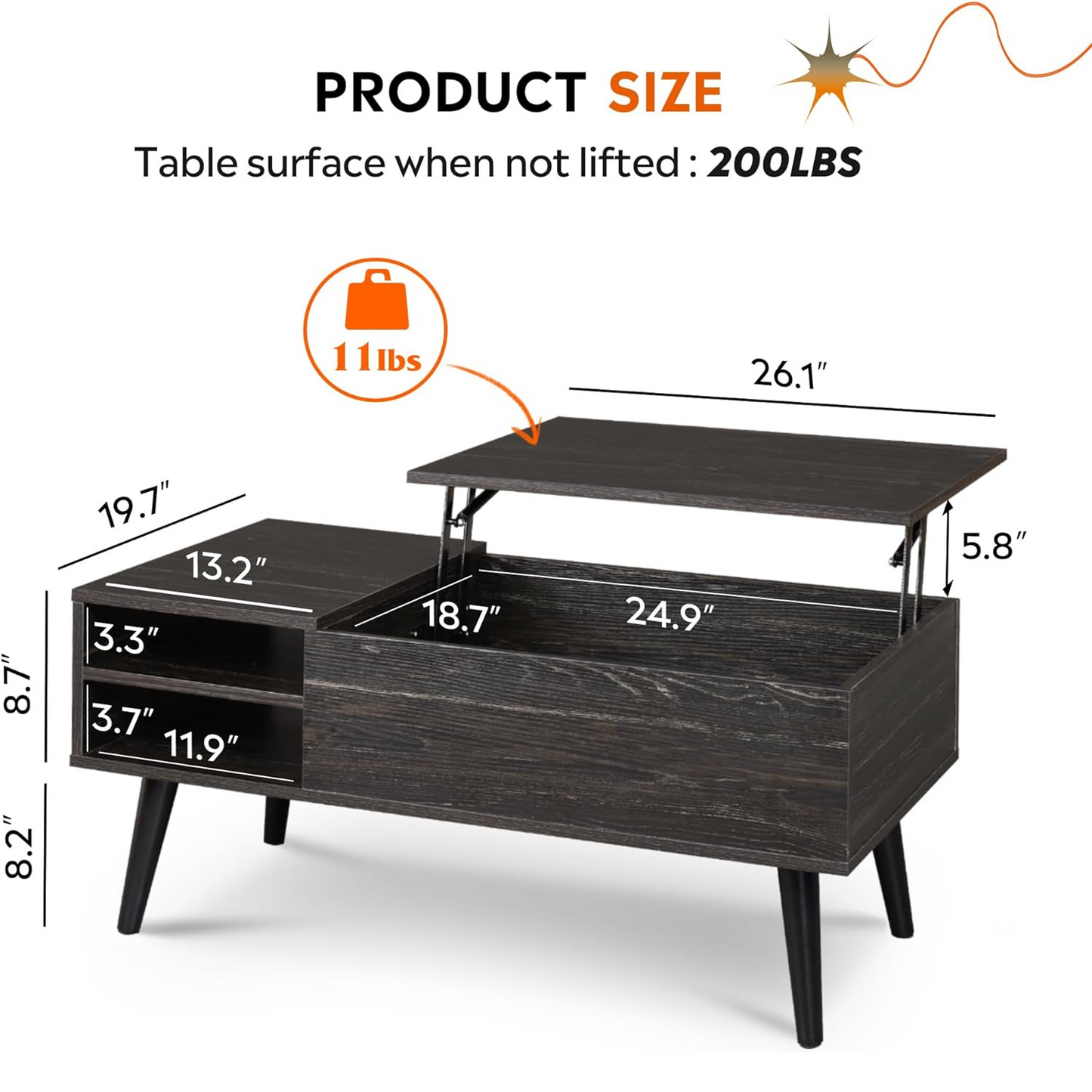 Coffee Table with Lifting Top and Hidden Storage for Living Room | Black Wood Pattern from AHF Depot - Modern living room scene featuring a black wooden coffee table with a lift top in the open position against a clean white background showcasing product dimensions. Table dimensions: 39.3" L x 19.69" W x 15.8" H. Interior Dimensions: 24.9" L x 18.9" W x 7.5" H. Shelf Dimensions: 19.6" L x 11.9" W x 3.3" H. Supports up to 200lbs with lid closed or lid supports 11lbs open.