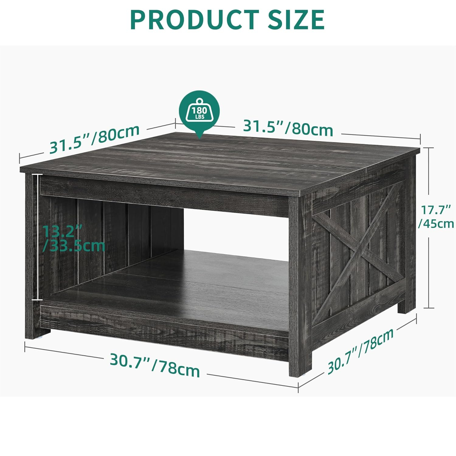 Coffee Table with Bottom Storage for Living Room | Black Wood from AHF Depot - black wood finish farmhouse-style coffee table against a white background. Table dimensions: 31.5" L x 31.5" W x 17.7" H. Interior storage dimensions: 30.7" L x 30.7" W x 13.2" H.  Supports up to 180lbs.