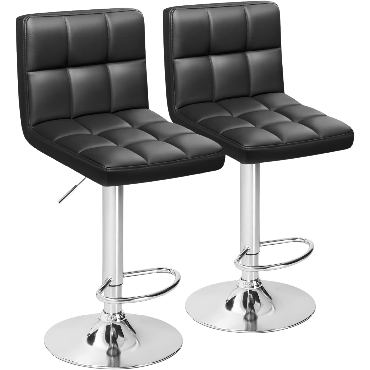 Bar Stool Set of Two with 360 Swivel and Adjustable Height for Kitchen | Black Faux Leather from AHF Depot - Pair of padded black bar stools displayed side by side against a clean white background.