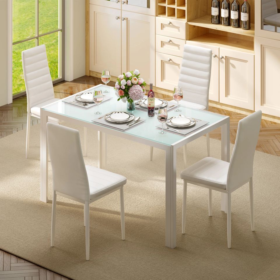 Dining Set Includes Table and Chairs for Kitchen | White from AHF Depot - Modern white dining table with four chairs, set with dishes and wine in a stylish indoor dining room scene.