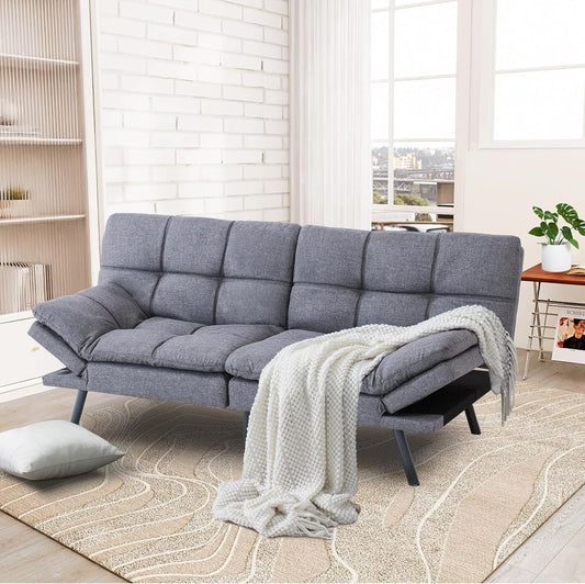 Couch Bed Futon Sleeper Sofa for Living Room | Grey Memory Foam from AHF Depot - Grey fabric futon with split back adjustment displayed with blanket on the couch in a modern living room scene.