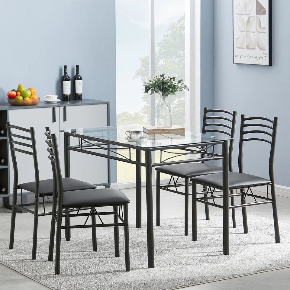 Dining Set Includes Table and Chairs for Kitchen | Black Frame from AHF Depot - Modern glass top black frame dining table with four chairs, in a stylish blue tone indoor dining room scene.