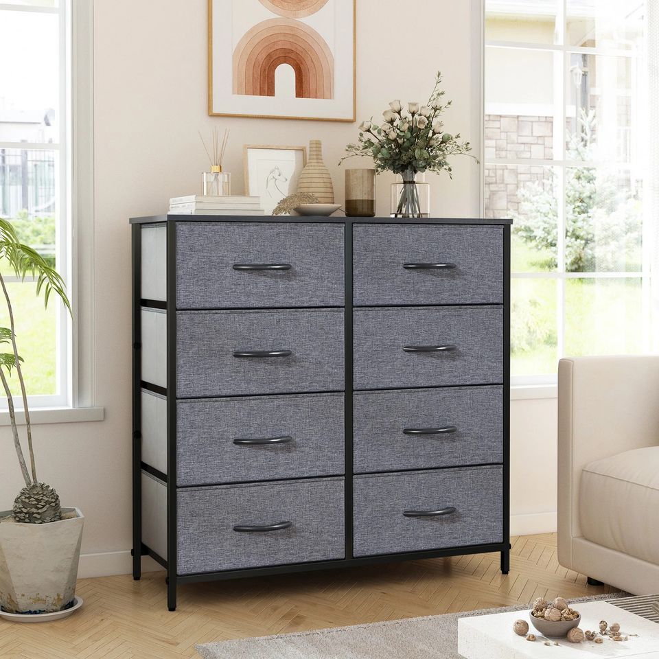 Dresser with 8 Drawers for Bedroom | Grey from AHF Depot - Grey 8 drawer dresser in a modern light tone bedroom setting.