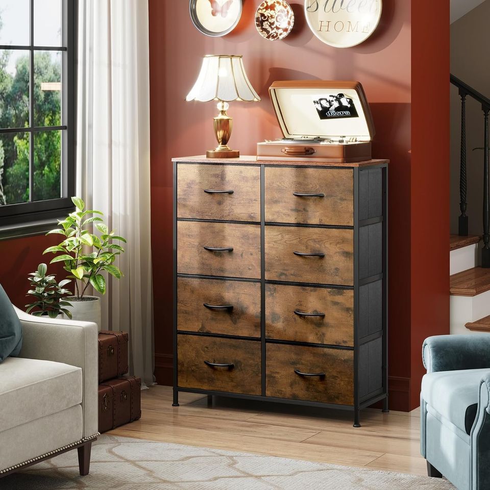 Dresser with 8 Drawers for Bedroom | Wood Pattern from AHF Depot - Wood pattern 8 drawer dresser in a modern light tone bedroom setting against a deep red wall.