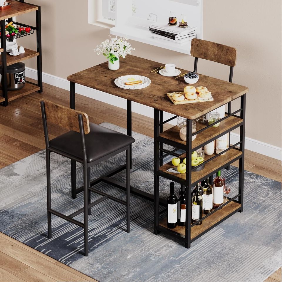 Dining Set Includes Table and Chairs for Kitchen | Dark Wood Bar Style from AHF Depot - Dining set featuring a modern dark wood bar-height table with two chair stools and built-in shelving, complemented by breakfast essentials and flowers in a stylish indoor dining room scene.