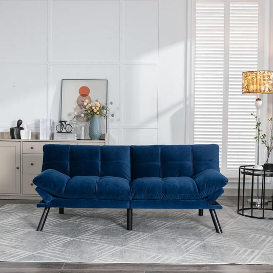 Couch Bed Futon Sleeper Sofa for Living Room | Blue Memory Foam from AHF Depot - Blue fabric futon with split back adjustment displayed in a modern living room scene.