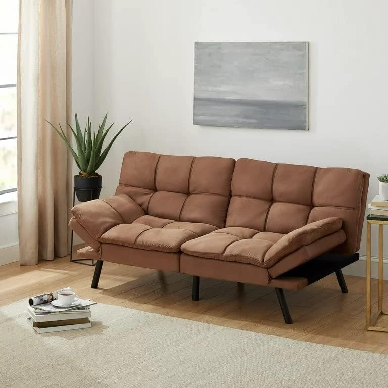 Couch Bed Futon Sleeper Sofa for Living Room | Brown Memory Foam from AHF Depot - Brown fabric futon with split back adjustment displayed in a modern living room scene.