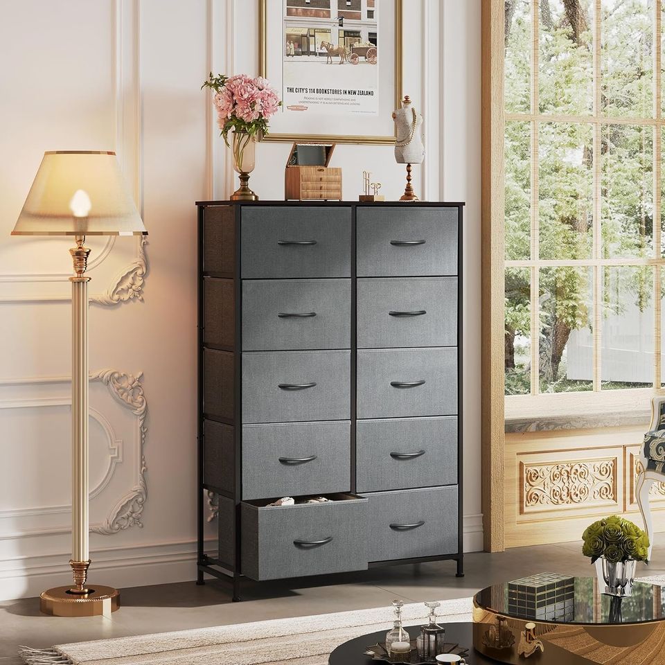 Dresser with 10 Drawers for Bedroom | Grey from AHF Depot - Grey 10 drawer dresser in a modern light tone bedroom setting positioned next to a vanity window.