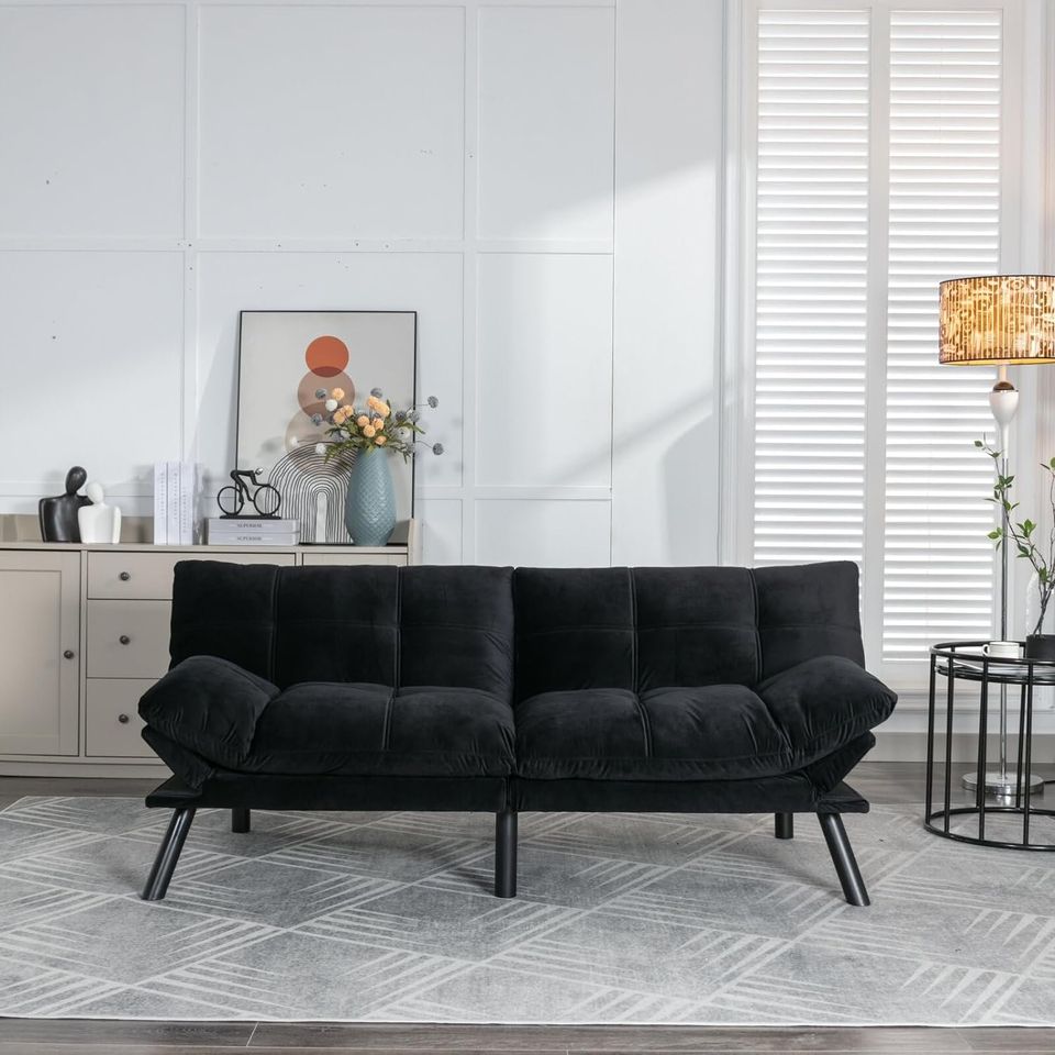 Couch Bed Futon Sleeper Sofa for Living Room | Black Memory Foam from AHF Depot - Black fabric futon with split back adjustment displayed in a modern living room scene.