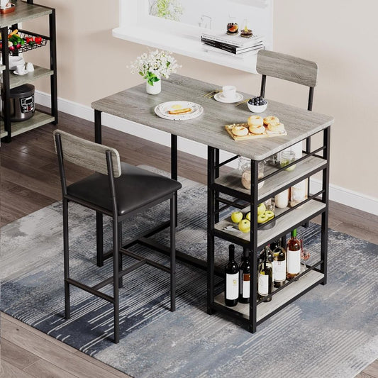 Dining Set Includes Table and Chairs for Kitchen | Light Wood Bar Style from AHF Depot - Dining set featuring a modern light wood bar-height table with two chair stools and built-in shelving, complemented by breakfast essentials and flowers in a stylish indoor dining room scene.