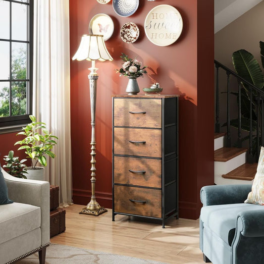 Side Table/End Table with 4 Drawers for Bedroom Storage | Wood Pattern from AHF Depot - Wood pattern 4 drawer side table in a modern light tone living room setting against a deep red wall. 