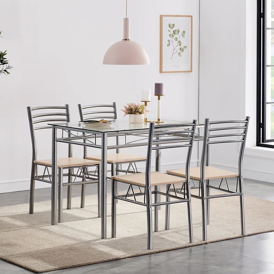 Dining Set Includes Table and Chairs for Kitchen | Silver Frame from AHF Depot - Modern glass top silver frame dining table with four chairs, in a stylish light tone indoor dining room scene.