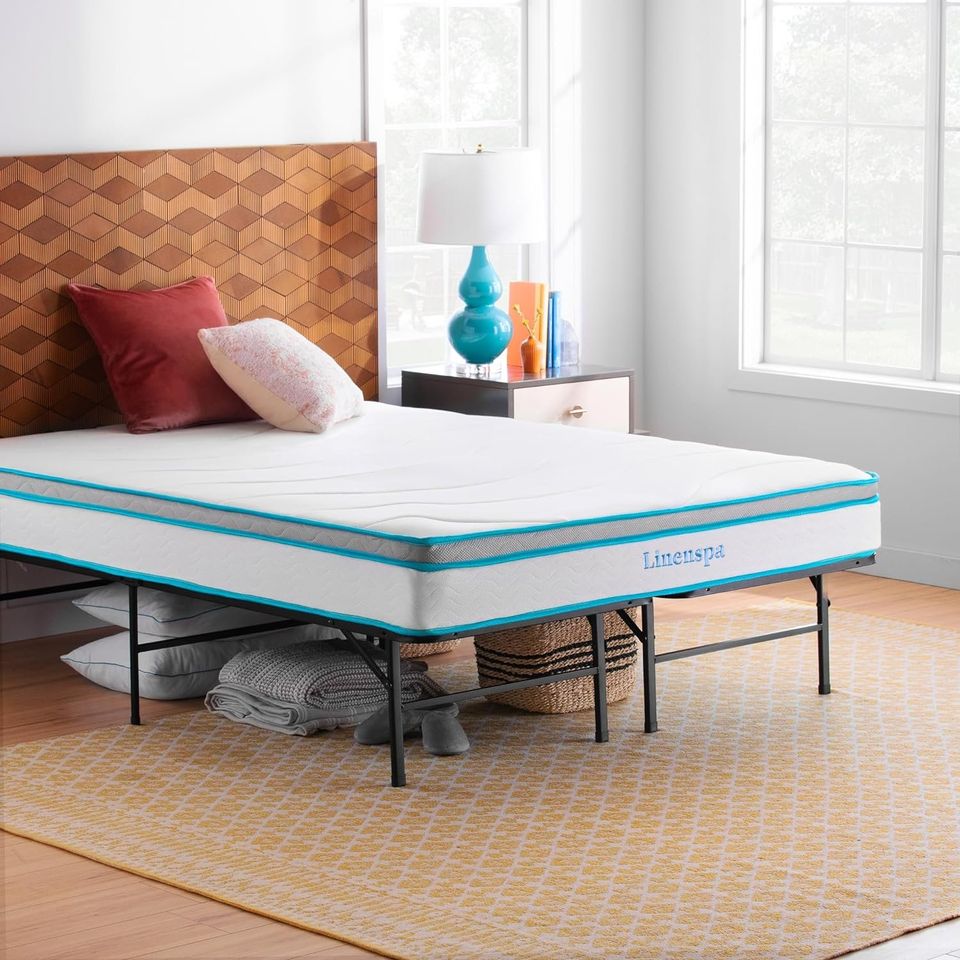 Mattress for Bedroom Memory Foam Hybrid | Linenspa from AHF Depot - Linenspa mattress showcased on a metal bed frame in a cozy bedroom setting.