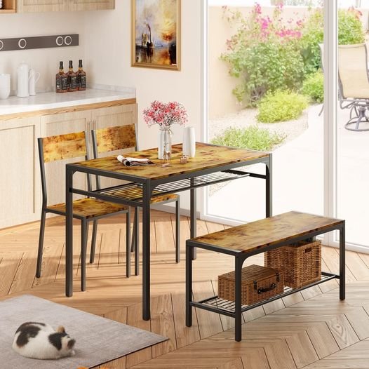 Dining Set Includes Table, Chairs, and Bench for Kitchen | Wood from AHF Depot - Modern wood dining table with built-in shelving, accompanied by two chairs and a bench. Indoor dining room scene with flowers on the table and a cat sleeping by the table in front of a glass sliding door.